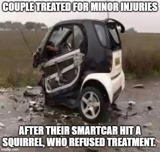 Smart Car | COUPLE TREATED FOR MINOR INJURIES; AFTER THEIR SMARTCAR HIT A SQUIRREL, WHO REFUSED TREATMENT. | image tagged in smart car | made w/ Imgflip meme maker