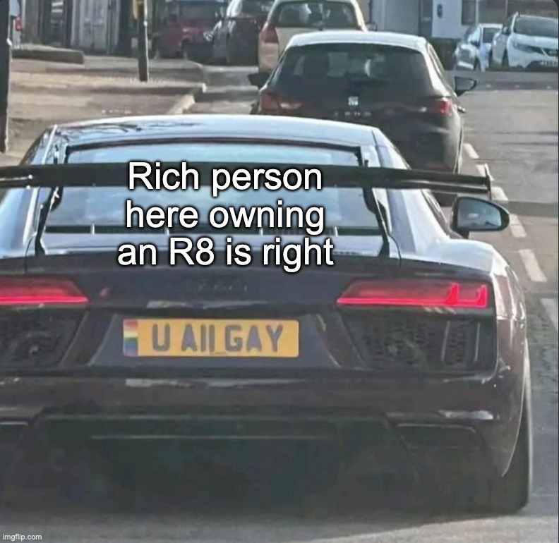You all gay? | Rich person here owning an R8 is right | image tagged in memes,funny,cars,animals,demotivationals | made w/ Imgflip meme maker