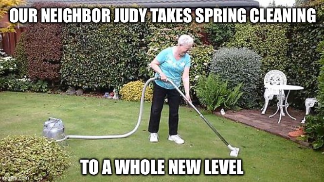 Taking spring cleaning to a whole new level | OUR NEIGHBOR JUDY TAKES SPRING CLEANING; TO A WHOLE NEW LEVEL | image tagged in grandma vacuuming yard,cleaning,spring cleaning,neighbor,crazy neighbor,boomers | made w/ Imgflip meme maker
