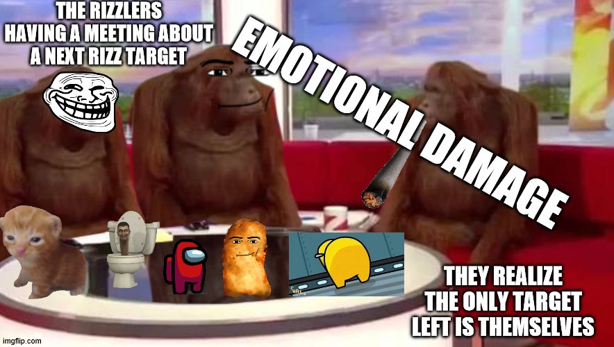 where monkey | THE RIZZLERS HAVING A MEETING ABOUT A NEXT RIZZ TARGET; EMOTIONAL DAMAGE; THEY REALIZE THE ONLY TARGET LEFT IS THEMSELVES | image tagged in where monkey | made w/ Imgflip meme maker