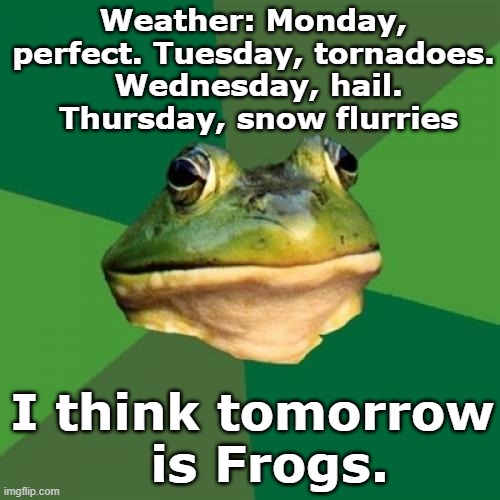 Weather Report April 2024 | Weather: Monday, perfect. Tuesday, tornadoes.  Wednesday, hail.  Thursday, snow flurries; I think tomorrow   is Frogs. | image tagged in memes,foul bachelor frog,it's a conspiracy,oh yeah it's all coming together,apocalypse,weather | made w/ Imgflip meme maker
