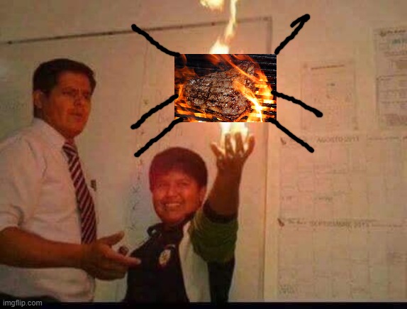 Who wants steak | image tagged in kid holding fire | made w/ Imgflip meme maker
