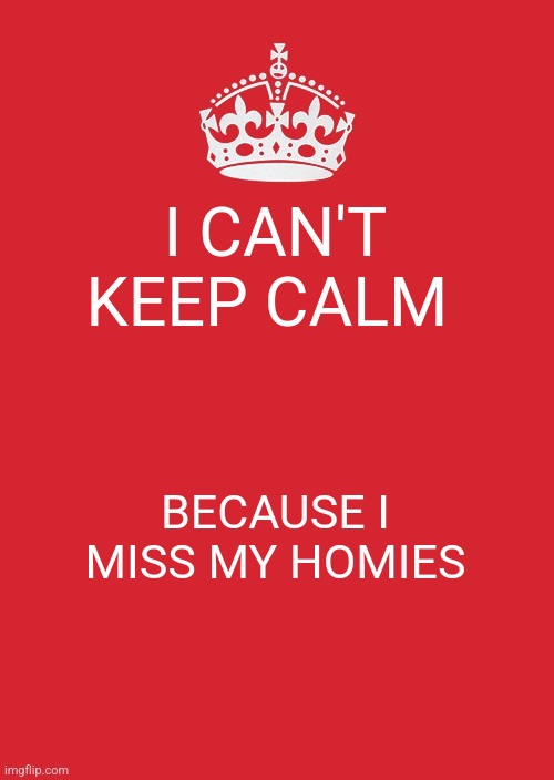 Keep Calm And Carry On Red | I CAN'T KEEP CALM; BECAUSE I MISS MY HOMIES | image tagged in memes,keep calm and carry on red | made w/ Imgflip meme maker
