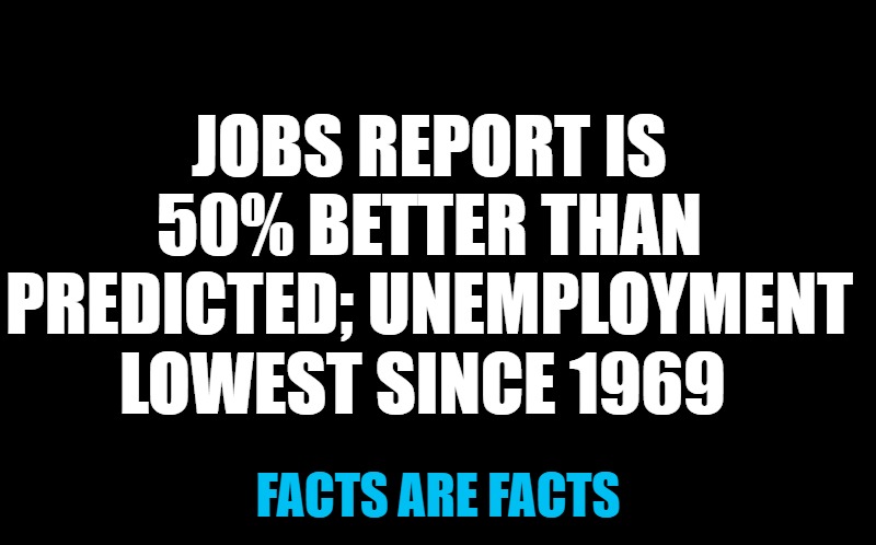facts are facts | JOBS REPORT IS 50% BETTER THAN PREDICTED; UNEMPLOYMENT LOWEST SINCE 1969; FACTS ARE FACTS | image tagged in black screen,kewlew | made w/ Imgflip meme maker