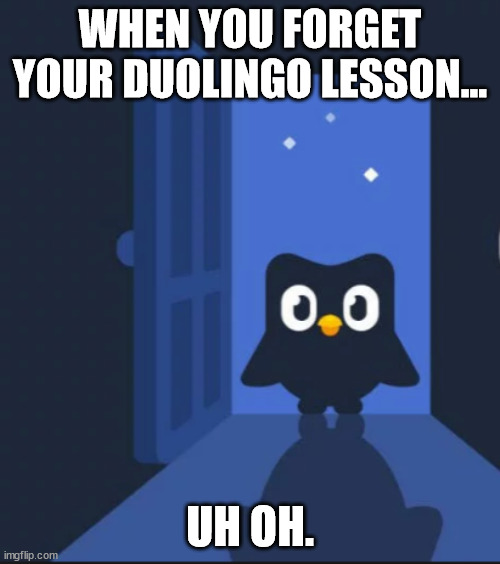 Duolingo bird | WHEN YOU FORGET YOUR DUOLINGO LESSON... UH OH. | image tagged in duolingo bird | made w/ Imgflip meme maker