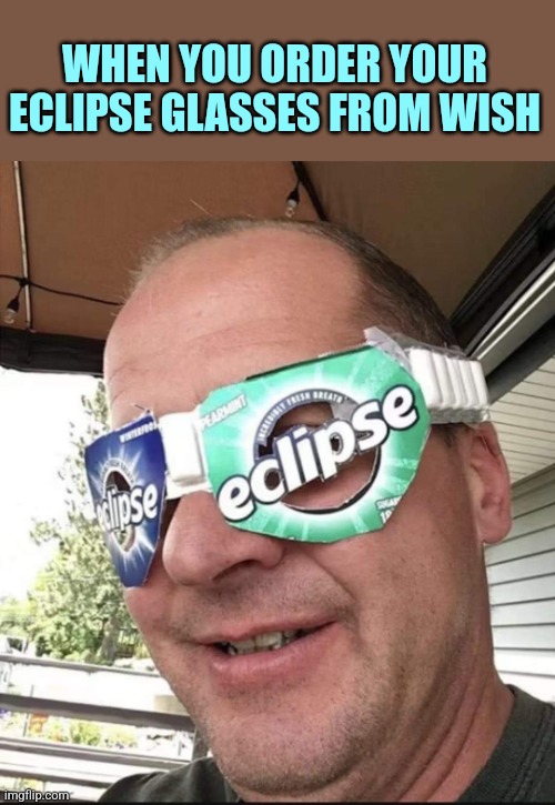 He's gonna Wish he hadn't | WHEN YOU ORDER YOUR ECLIPSE GLASSES FROM WISH | image tagged in solar eclipse,glasses,2024,wish,bad idea,don't do it | made w/ Imgflip meme maker