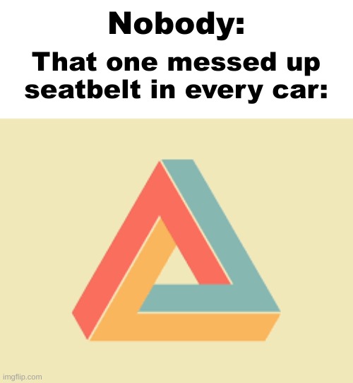 am I wrong though, like its so annoying when the clip thingy is facing the wrong way | Nobody:; That one messed up seatbelt in every car: | image tagged in funny,relatable,meme,seatbelt | made w/ Imgflip meme maker