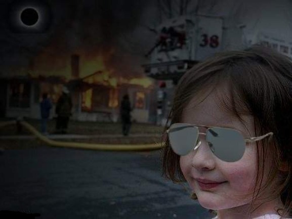 Disaster Girl Eclipse | image tagged in meme,solar eclipse,disaster girl,eclipse,2024 | made w/ Imgflip meme maker