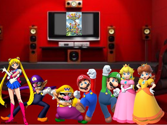 Wario and Friends watching Digimon in their tv room | image tagged in crossover,sailor moon,super mario,wario,digimon,anime | made w/ Imgflip meme maker
