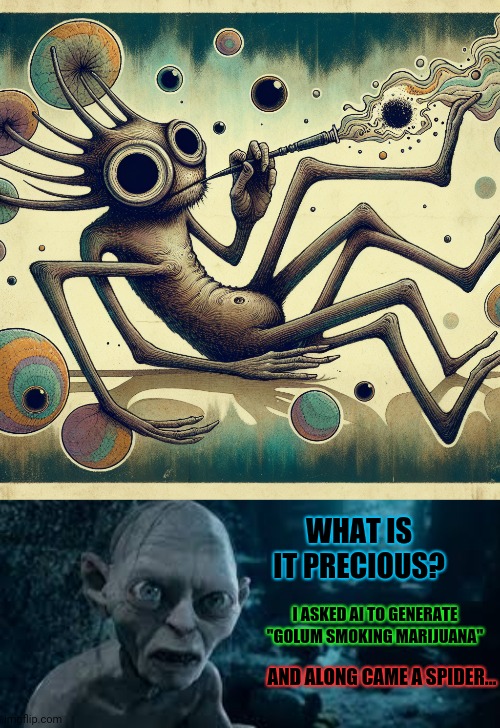 Sorry arachnophobes | WHAT IS IT PRECIOUS? I ASKED AI TO GENERATE "GOLUM SMOKING MARIJUANA"; AND ALONG CAME A SPIDER... | image tagged in spider,lord of the rings,my precious,ai meme,marijuana,art | made w/ Imgflip meme maker