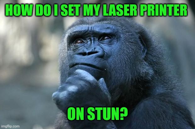 Deep Thoughts | HOW DO I SET MY LASER PRINTER; ON STUN? | image tagged in deep thoughts | made w/ Imgflip meme maker