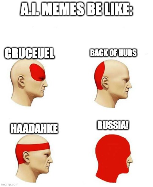 true? | A.I. MEMES BE LIKE:; CRUCEUEL; BACK OF HUDS; RUSSIA! HAADAHKE | image tagged in types of headache,head | made w/ Imgflip meme maker