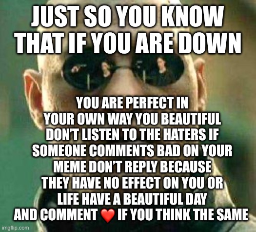 Don’t feel down look at this meme | JUST SO YOU KNOW THAT IF YOU ARE DOWN; YOU ARE PERFECT IN YOUR OWN WAY YOU BEAUTIFUL DON’T LISTEN TO THE HATERS IF SOMEONE COMMENTS BAD ON YOUR MEME DON’T REPLY BECAUSE THEY HAVE NO EFFECT ON YOU OR LIFE HAVE A BEAUTIFUL DAY AND COMMENT ❤️ IF YOU THINK THE SAME | image tagged in what if i told you | made w/ Imgflip meme maker