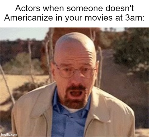 I'm Americanizing the actors | Actors when someone doesn't Americanize in your movies at 3am: | image tagged in walter white,memes,funny | made w/ Imgflip meme maker