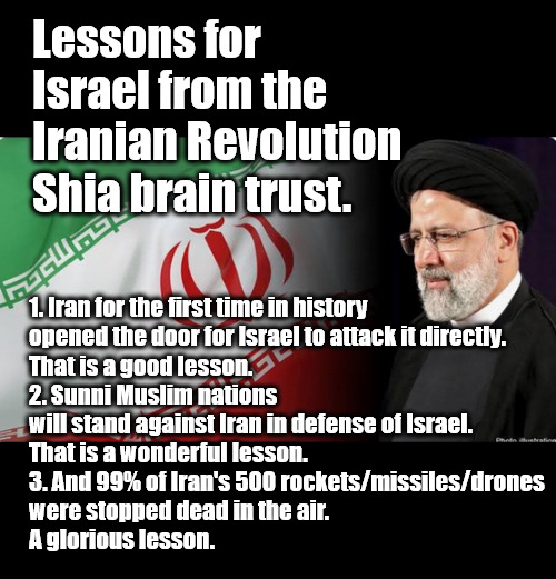 Shia may be for you but not for me. | Lessons for Israel from the Iranian Revolution Shia brain trust. 1. Iran for the first time in history 
opened the door for Israel to attack it directly.
That is a good lesson.
2. Sunni Muslim nations 
will stand against Iran in defense of Israel.
That is a wonderful lesson.
3. And 99% of Iran's 500 rockets/missiles/drones 
were stopped dead in the air.

A glorious lesson. | image tagged in memes,politics,iran,israel | made w/ Imgflip meme maker