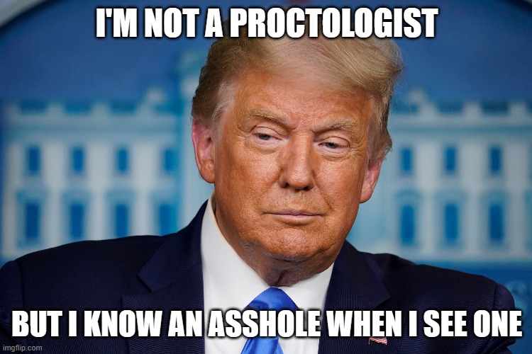 Trump | I'M NOT A PROCTOLOGIST; BUT I KNOW AN ASSHOLE WHEN I SEE ONE | image tagged in donald trump,asshole | made w/ Imgflip meme maker