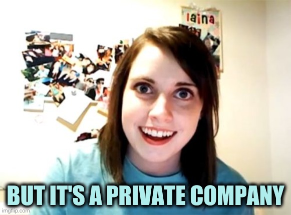 What a Stupid Person Says.... | BUT IT'S A PRIVATE COMPANY | image tagged in overly attached girlfriend,social media,facebook,free speech,censorship,criminals | made w/ Imgflip meme maker