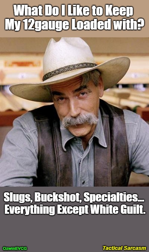 Tactical Sarcasm [NV] | What Do I Like to Keep 

My 12gauge Loaded with? Slugs, Buckshot, Specialties... 

Everything Except White Guilt. Tactical Sarcasm; OzwinEVCG | image tagged in guns,sarcasm cowboy,guilt,propaganda,self-defense,real talk | made w/ Imgflip meme maker