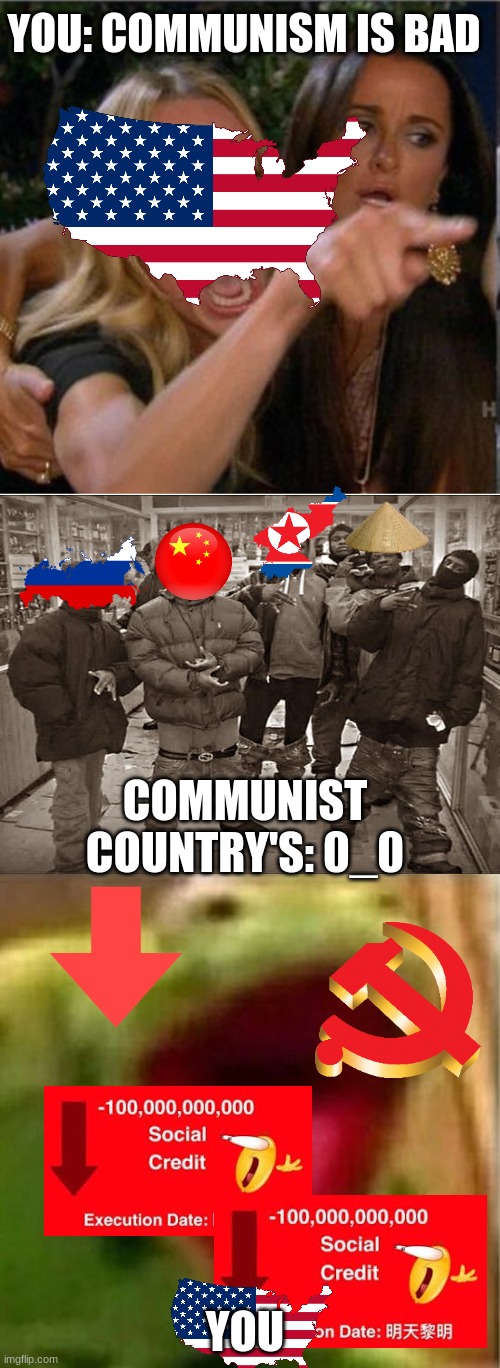 USA | YOU: COMMUNISM IS BAD; COMMUNIST COUNTRY'S: 0_0; YOU | image tagged in memes,woman yelling at cat,blank white template,ahhhhhhhhhhhhh,russia,communism | made w/ Imgflip meme maker