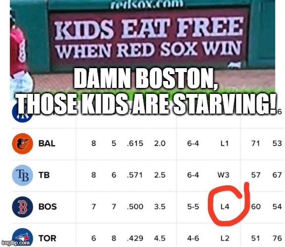 Go Red Sox | DAMN BOSTON, THOSE KIDS ARE STARVING! | image tagged in sports,mlb | made w/ Imgflip meme maker