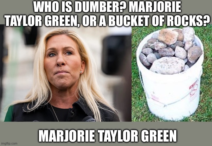 Dumb and Dumber | WHO IS DUMBER? MARJORIE TAYLOR GREEN, OR A BUCKET OF ROCKS? MARJORIE TAYLOR GREEN | image tagged in gop,speaker johnson,marjorie taylor greene,stupid,dumb | made w/ Imgflip meme maker