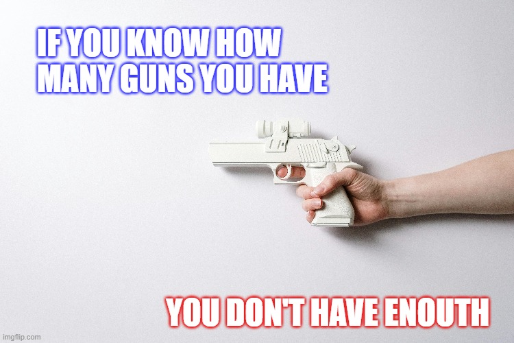 Guns | IF YOU KNOW HOW
MANY GUNS YOU HAVE; YOU DON'T HAVE ENOUTH | image tagged in guns,2a,2nd amendment,protection,freedom | made w/ Imgflip meme maker