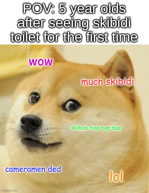 pov: 5 year olds | POV: 5 year olds after seeing skibidi toilet for the first time; wow; much skibidi; skibidi bop bop bop; cameramen ded; lol | image tagged in memes,doge | made w/ Imgflip meme maker