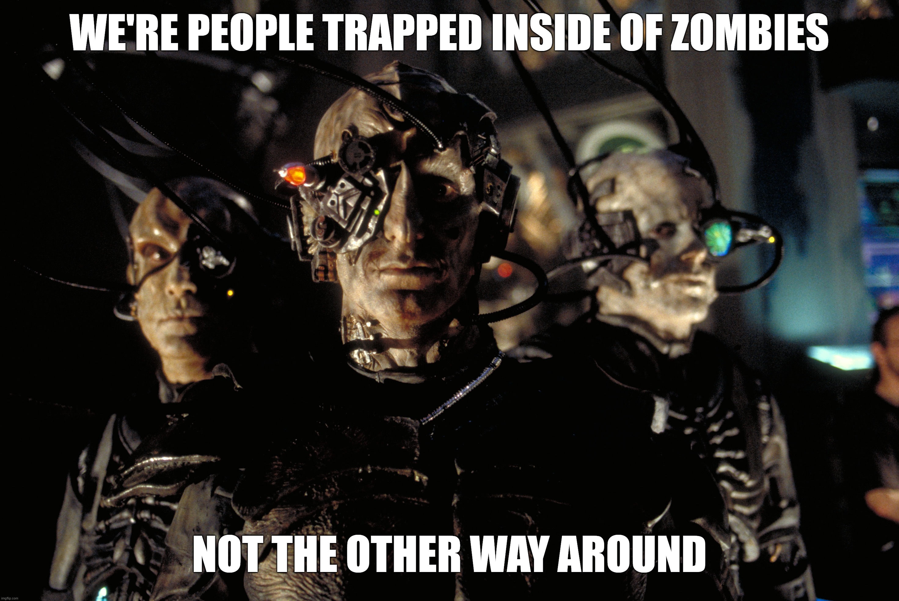 Calvinism: The Anti-gospel | WE'RE PEOPLE TRAPPED INSIDE OF ZOMBIES; NOT THE OTHER WAY AROUND | image tagged in calvinism,bible,jesus,god,christian,doctrine | made w/ Imgflip meme maker