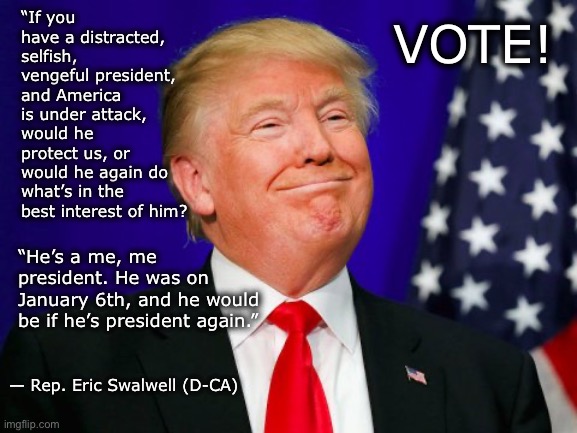 Trump Smile | VOTE! “If you have a distracted, selfish, vengeful president, and America is under attack, would he protect us, or would he again do what’s in the best interest of him? “He’s a me, me president. He was on 
January 6th, and he would be if he’s president again.”; — Rep. Eric Swalwell (D-CA) | image tagged in trump smile | made w/ Imgflip meme maker