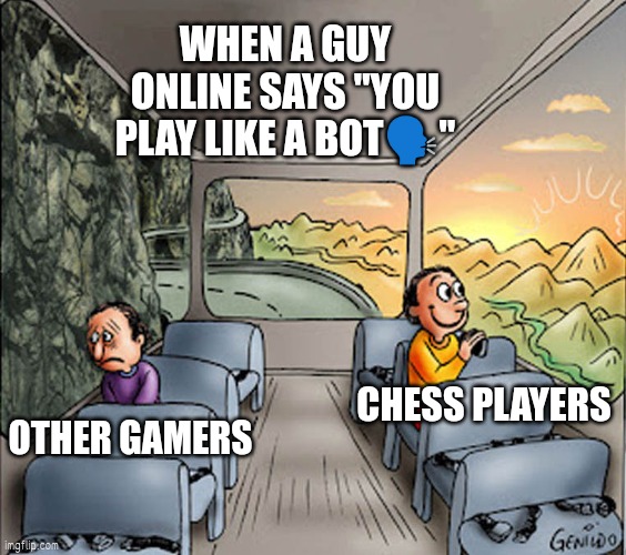 Signature of superiority | WHEN A GUY ONLINE SAYS "YOU PLAY LIKE A BOT🗣️"; OTHER GAMERS; CHESS PLAYERS | image tagged in two guys on a bus | made w/ Imgflip meme maker