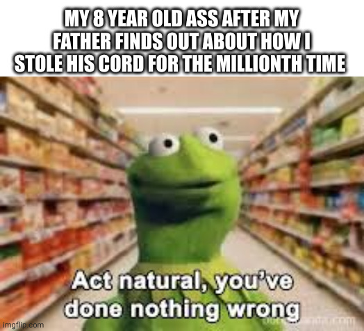 relatable | MY 8 YEAR OLD ASS AFTER MY FATHER FINDS OUT ABOUT HOW I STOLE HIS CORD FOR THE MILLIONTH TIME | image tagged in act natural you've done nothing wrong,kermit the frog,10 moments before disaster,memes,funny,relatable memes | made w/ Imgflip meme maker