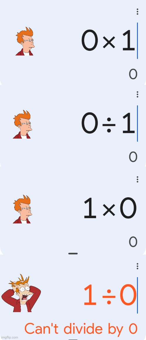 Zero times any numbers equals zero, so what does any number divided by zero equal? | image tagged in mathematics,multiplication,division,bizarre/oddities,calculator,antizeroism | made w/ Imgflip meme maker