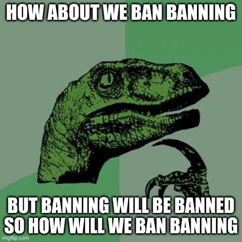 banning is  crazy | HOW ABOUT WE BAN BANNING; BUT BANNING WILL BE BANNED SO HOW WILL WE BAN BANNING | image tagged in memes,philosoraptor | made w/ Imgflip meme maker