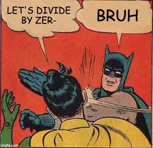 DON'T DIVIDE BY ZERO | LET'S DIVIDE
BY ZER-; BRUH | image tagged in memes,batman slapping robin,math,math teacher,mathematics | made w/ Imgflip meme maker