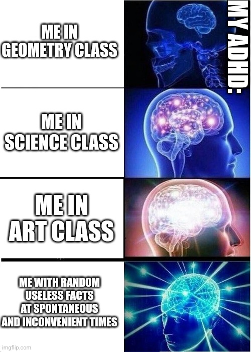 ADHD Problems | ME IN GEOMETRY CLASS; MY ADHD:; ME IN SCIENCE CLASS; ME IN ART CLASS; ME WITH RANDOM USELESS FACTS AT SPONTANEOUS AND INCONVENIENT TIMES | image tagged in memes,expanding brain | made w/ Imgflip meme maker