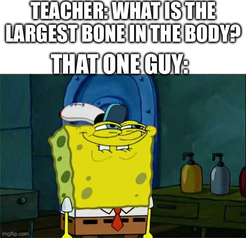 I know miss >:) | TEACHER: WHAT IS THE LARGEST BONE IN THE BODY? THAT ONE GUY: | image tagged in memes,don't you squidward | made w/ Imgflip meme maker