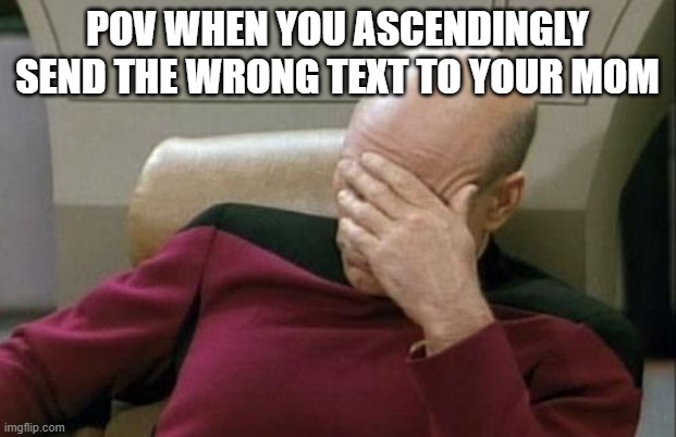 Captain Picard Facepalm | POV WHEN YOU ASCENDINGLY SEND THE WRONG TEXT TO YOUR MOM | image tagged in memes,captain picard facepalm | made w/ Imgflip meme maker