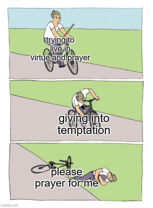 Bike Fall | trying to live in virtue and prayer; giving into temptation; please prayer for me | image tagged in memes,bike fall | made w/ Imgflip meme maker