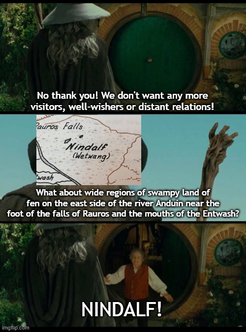 Nindalf | No thank you! We don't want any more visitors, well-wishers or distant relations! What about wide regions of swampy land of fen on the east side of the river Anduin near the foot of the falls of Rauros and the mouths of the Entwash? NINDALF! | image tagged in gandalf,lotr,bilbo baggins | made w/ Imgflip meme maker