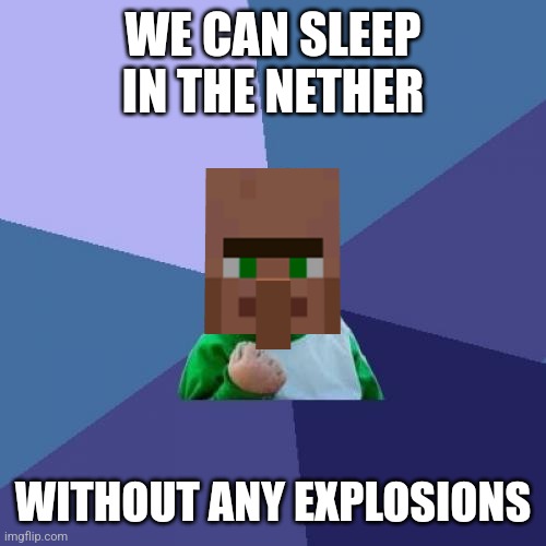 How | WE CAN SLEEP IN THE NETHER; WITHOUT ANY EXPLOSIONS | image tagged in memes,success kid,minecraft memes,minecraft,minecraft villagers,nether | made w/ Imgflip meme maker