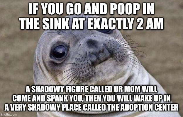 LOL | IF YOU GO AND POOP IN THE SINK AT EXACTLY 2 AM; A SHADOWY FIGURE CALLED UR MOM WILL COME AND SPANK YOU, THEN YOU WILL WAKE UP IN A VERY SHADOWY PLACE CALLED THE ADOPTION CENTER | image tagged in memes,awkward moment sealion | made w/ Imgflip meme maker