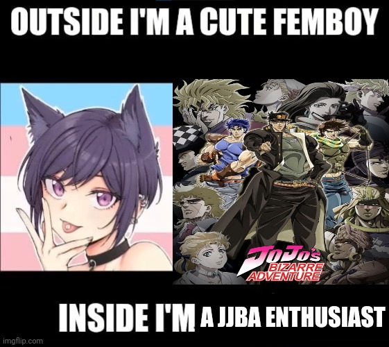 Funni | A JJBA ENTHUSIAST | image tagged in jojo's bizarre adventure,femboy,twinkie,anime | made w/ Imgflip meme maker
