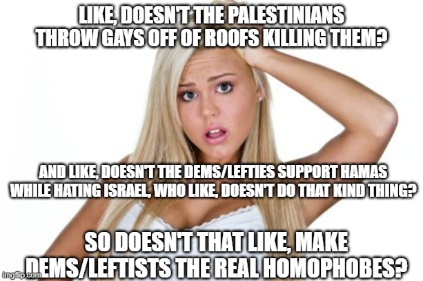 Who is supposed to be homophobic again? | LIKE, DOESN'T THE PALESTINIANS THROW GAYS OFF OF ROOFS KILLING THEM? AND LIKE, DOESN'T THE DEMS/LEFTIES SUPPORT HAMAS WHILE HATING ISRAEL, WHO LIKE, DOESN'T DO THAT KIND THING? SO DOESN'T THAT LIKE, MAKE DEMS/LEFTISTS THE REAL HOMOPHOBES? | image tagged in dumb blonde,politics,democrats,liberals,homophobic | made w/ Imgflip meme maker