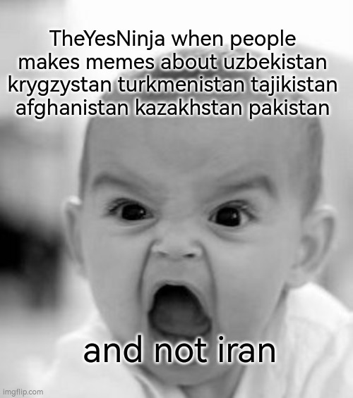 an countries | TheYesNinja when people makes memes about uzbekistan krygzystan turkmenistan tajikistan afghanistan kazakhstan pakistan; and not iran | image tagged in memes,angry baby | made w/ Imgflip meme maker