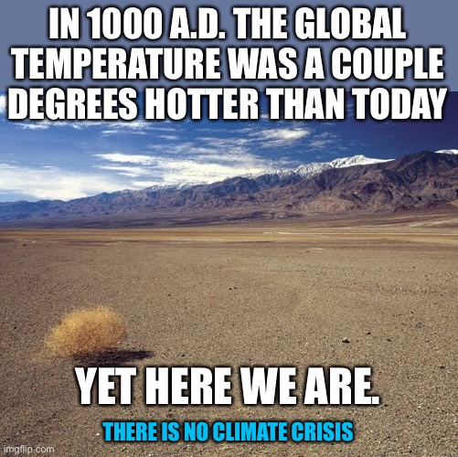 6,000 years ago humans were not pumping oil and gas, yet the Sahara became a desert anyway. Climate crisis is a hoax. | IN 1000 A.D. THE GLOBAL TEMPERATURE WAS A COUPLE DEGREES HOTTER THAN TODAY; YET HERE WE ARE. THERE IS NO CLIMATE CRISIS | image tagged in desert tumbleweed,climate hoax,sahara,hotter 1000 ad,green period | made w/ Imgflip meme maker