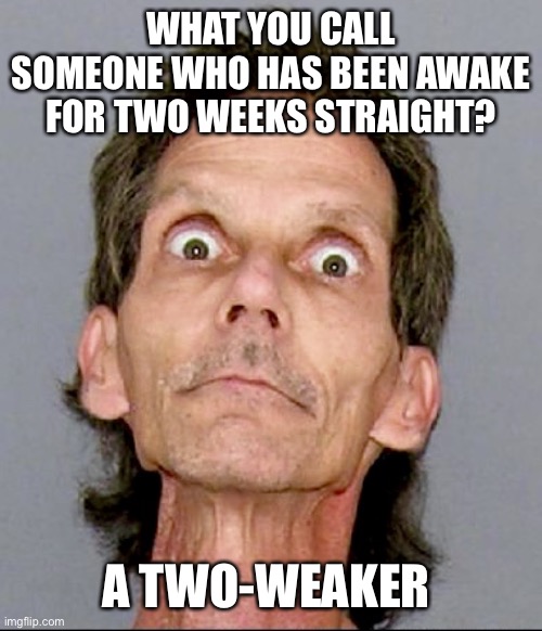 Tweaker | WHAT YOU CALL SOMEONE WHO HAS BEEN AWAKE FOR TWO WEEKS STRAIGHT? A TWO-WEAKER | image tagged in tweaker | made w/ Imgflip meme maker