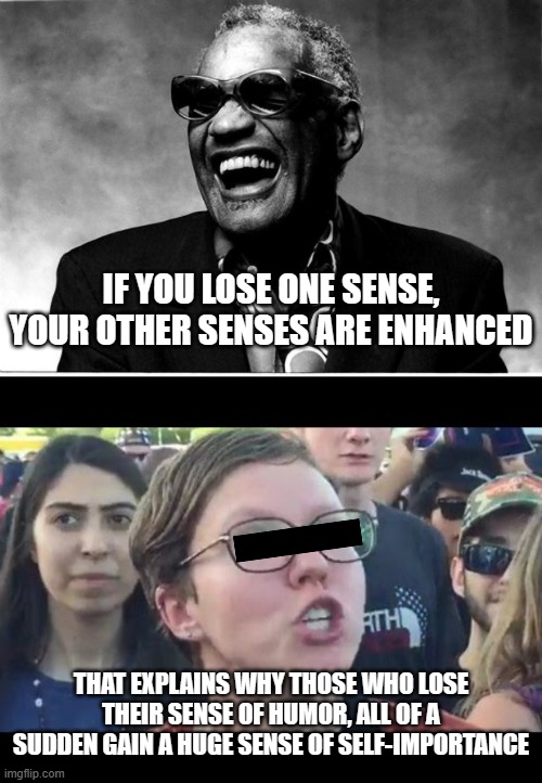 IF YOU LOSE ONE SENSE, YOUR OTHER SENSES ARE ENHANCED; THAT EXPLAINS WHY THOSE WHO LOSE THEIR SENSE OF HUMOR, ALL OF A SUDDEN GAIN A HUGE SENSE OF SELF-IMPORTANCE | image tagged in ray charles,angry sjw | made w/ Imgflip meme maker
