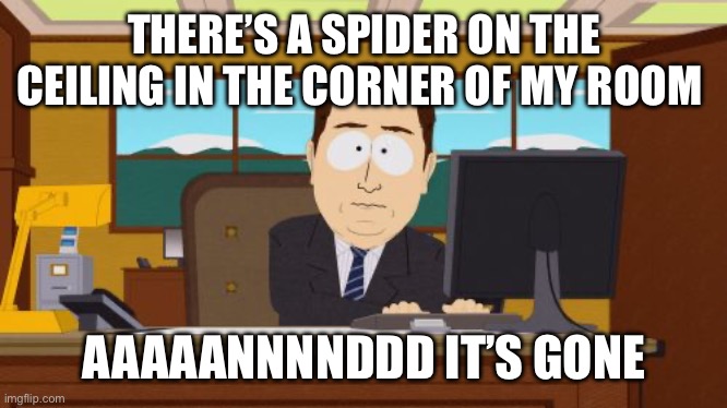 I hate it when that happens! | THERE’S A SPIDER ON THE CEILING IN THE CORNER OF MY ROOM; AAAAANNNNDDD IT’S GONE | image tagged in memes,aaaaand its gone | made w/ Imgflip meme maker