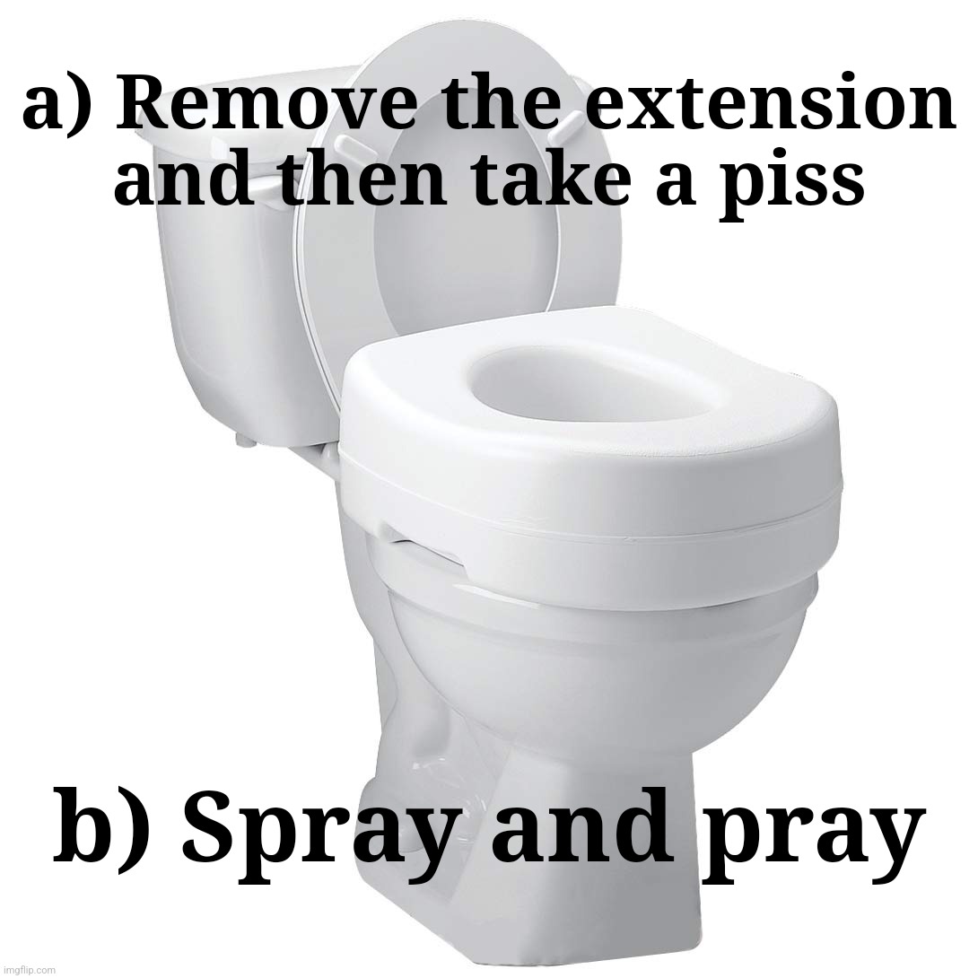 It's going to have to be b) isn't it | a) Remove the extension and then take a piss; b) Spray and pray | image tagged in memes,toilet,toilet seat,choices,piss,pee | made w/ Imgflip meme maker