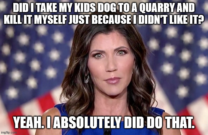 she brags about it in her newly released book. | DID I TAKE MY KIDS DOG TO A QUARRY AND KILL IT MYSELF JUST BECAUSE I DIDN'T LIKE IT? YEAH. I ABSOLUTELY DID DO THAT. | image tagged in kristi noem | made w/ Imgflip meme maker